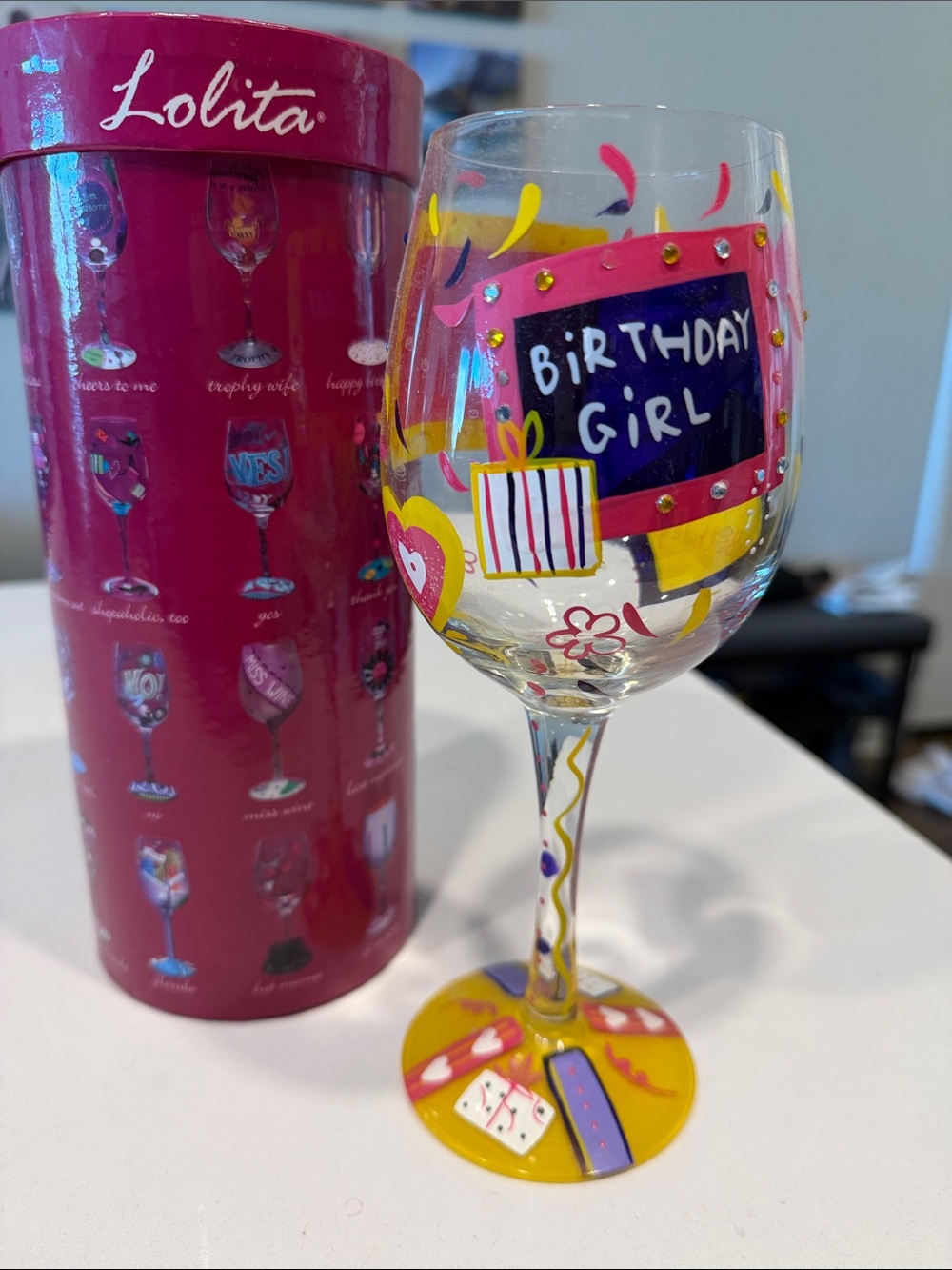 Lolita Pink and Yellow "Birthday Girl" Decorative Wine Glass